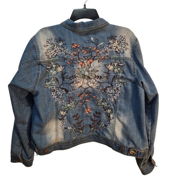 Unbranded Jackets & Blazers - Floral Embroidered Denim Jacket Womens XL Blue Stretch Jean Boho RN149251